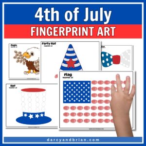 Mockup showing five of the patriotic art templates for kids to decorate. A child's hand is over a US Flag with red fingerprints making the stripes.