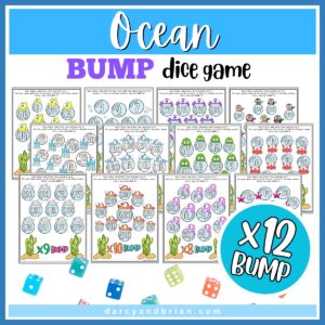 Preview of all the ocean themed bump dice game pages. Features colorful ocean creatures such as turtles, crabs, sharks, mermaids, etc. Assorted colored dice decorate the bottom.