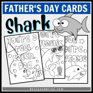 Preview of three different shark-themed Father's Day cards for kids to color.