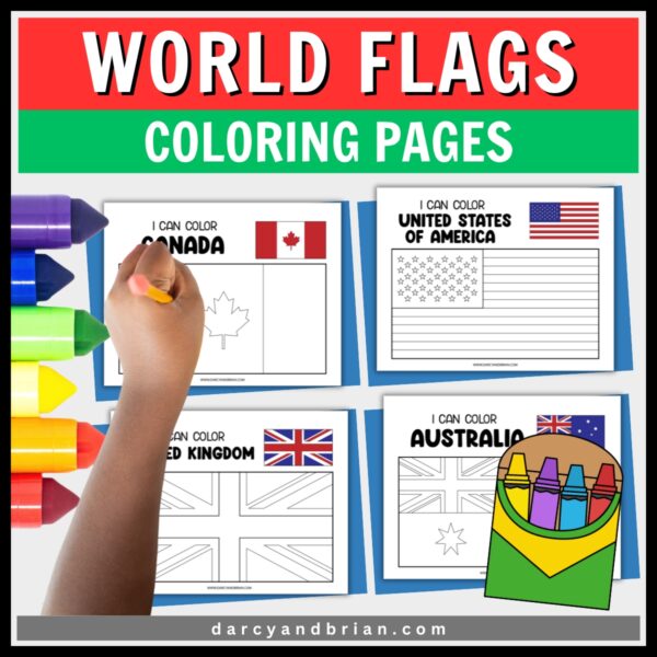 Mockup showing four different flags kids can color. A child's hand holding a pencil over a page for Canada.