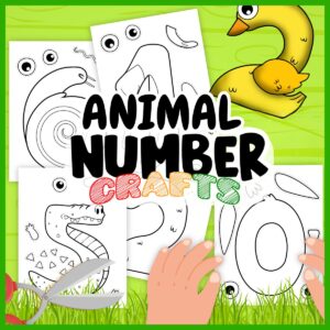 Mockup image showing five craft template pages overlapping each other. A completed number 2 duck in the upper right corner. Middle has text that says Animal Number Crafts. Cartoon clipart of hands and scissors along the bottom. All of this on a light green background.