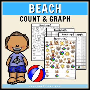 Preview of color version of counting page overlapping the graphing pages. Clip art of a man in shorts and a tshirt next to a beach ball