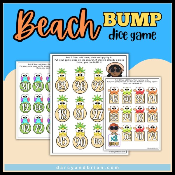 Bump math dice game mats with beach balls, pineapples, and popsicles.