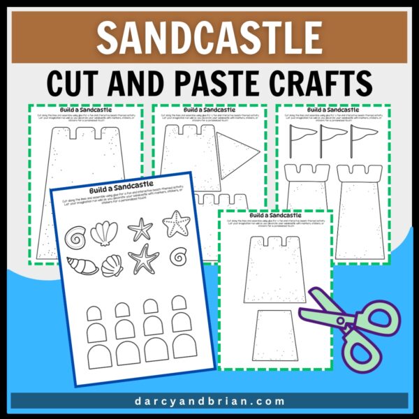 Preview of the five printable pages for the build a sandcastle activity.