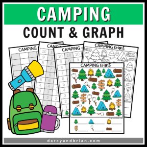 Preview of all 6 pages of the camp themed graphing worksheets with the color version of the counting page in front.