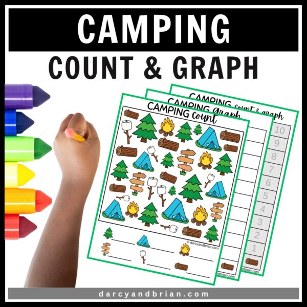 Set of camp-themed preschool math sheets. Child's hand holding a pencil. Markers on the side.