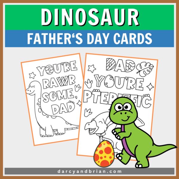 Preview of two dinosaur printable coloring cards for Father's Day