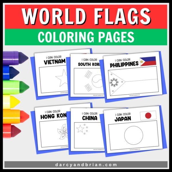 Preview of Vietnam, South Korea, Philippines, Hong Kong, China, and Japan flag coloring sheets.