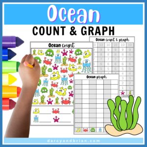 Child holding a pencil over the mockup of the ocean-themed counting page. Markers along the left side. Preview of bar graph recording pages on the right.