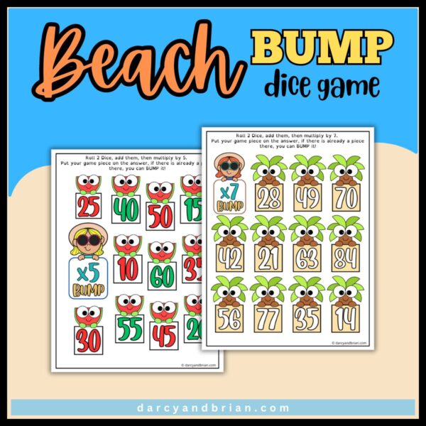 Addition and multiplication printable game showing pages with watermelon and palm trees with the number spots.