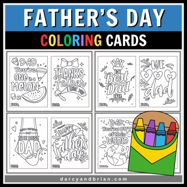 Preview of 8 different designs for kids to color for Father's Day cards.