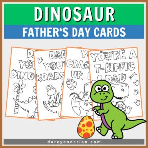 Preview of four printable Father's Day cards to color in with a dinosaur theme.
