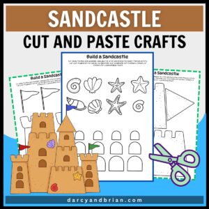 Mockup of a color version of a completed sandcastle craft and preview of the provided pages.