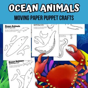 Mockup with product title across the top and preview of several pages of sea creatures to color and cut out. Full color mockup of articulated crab with brass brad fasteners used to assemble it.