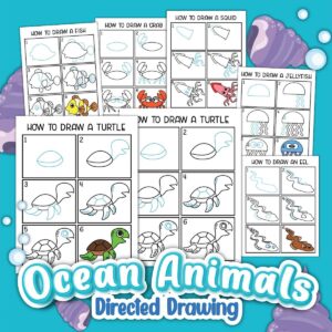 Preview of several pages with steps on how to draw a variety of ocean animals such as turtles, crabs, eels, etc.