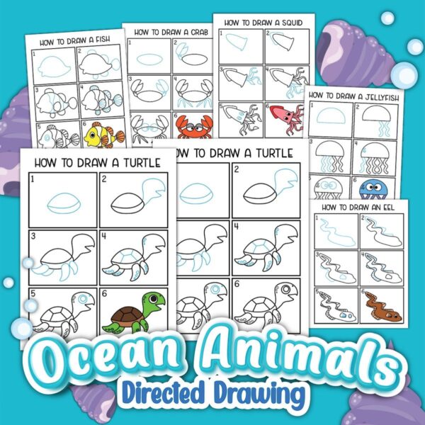 Preview of several pages with steps on how to draw a variety of ocean animals such as turtles, crabs, eels, etc.