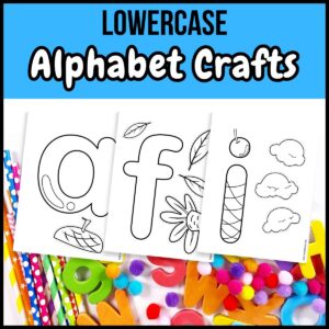 Black and white text on blue at top says Lowercase Alphabet Crafts. Pages featuring a for acorn, f for flower, and i for ice cream overlapping on craft supplies background image.