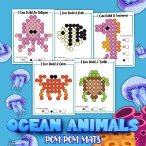 Preview of five pages showing a turtle, crab, octopus, fish, and seahorse design made with colored circles for children to place pom pom balls.