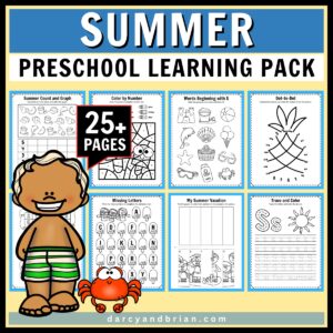 Preview of eight different pages from the preschool summer learning pack.