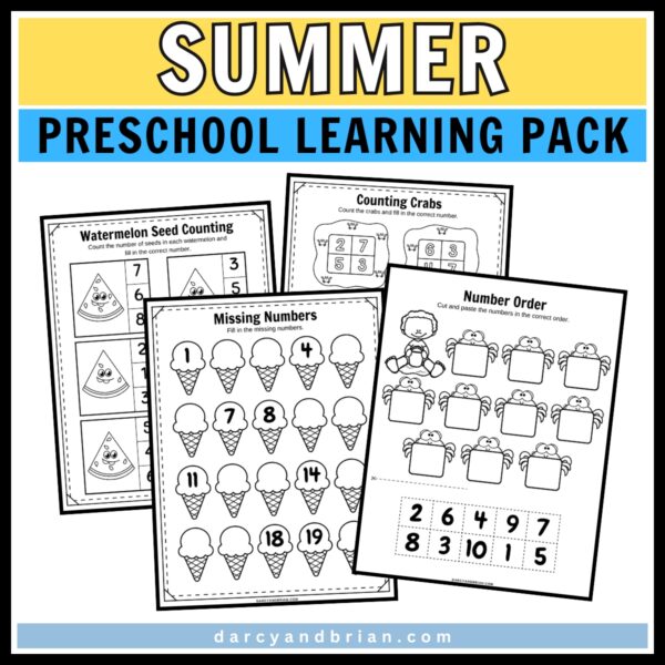 Summer themed worksheets with counting, number order, and filling in missing letters.