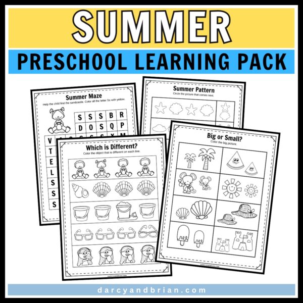 Mockup with four overlapping pages with a letter maze, patterning, and measurement comparisons.