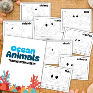 Preview of eight pages of different animals found in the ocean that kids can trace and color.