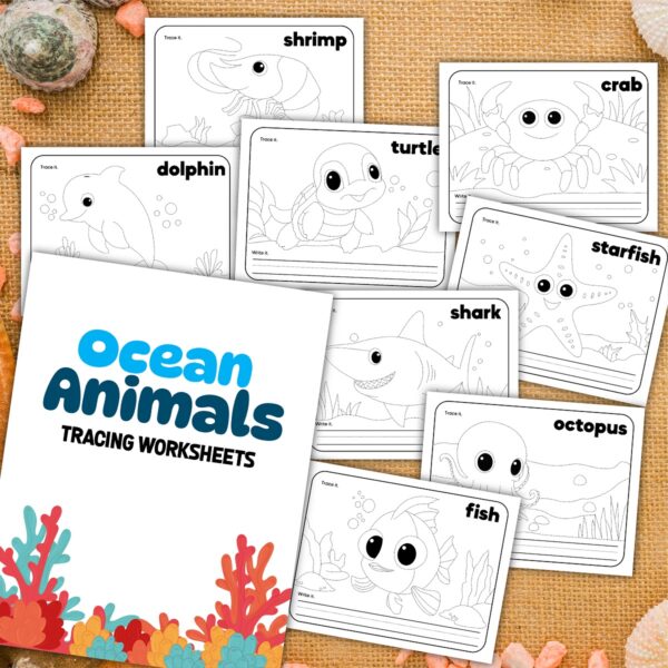 Preview of eight pages of different animals found in the ocean that kids can trace and color.