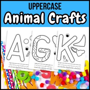 Black and white text on blue background at top says Uppercase Animal Crafts. Preview of three pages showing A alligator, G giraffe, and K kangaroo cut and paste pages over a background of craft supplies.