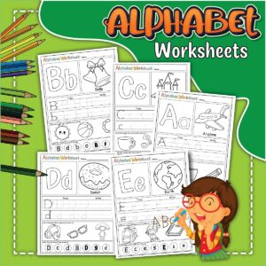 Preview of five different alphabet worksheets that include tracing, objects that start with that letter, and a simple letter find activity.