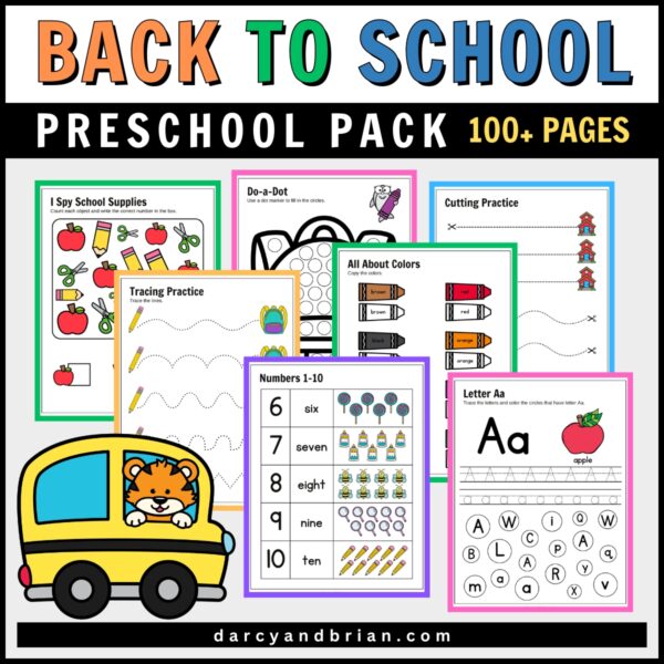 Mockup showing several example pages from the big back to school themed preschool printable pack.