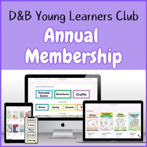 Text at top says D&B Young Learners Club Annual Membership on light purple background above image of members area on a monitor, laptop, and phone screen.