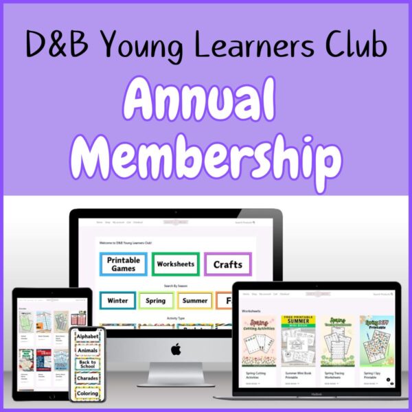 Text at top says D&B Young Learners Club Annual Membership on light purple background above image of members area on a monitor, laptop, and phone screen.