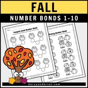 Preview of two worksheets with fall-themed fact families to practice adding sums up to 10.