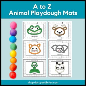 Preview of six different animal playdough mats on a light teal background. White text at top says A to Z Animal Playdough Mats. A rainbow of playdough balls line the side. Animals shown include alligator, bear, cat, elephant, snake, and zebra.