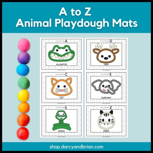 Preview of six different animal playdough mats on a light teal background. White text at top says A to Z Animal Playdough Mats. A rainbow of playdough balls line the side. Animals shown include alligator, bear, cat, elephant, snake, and zebra.