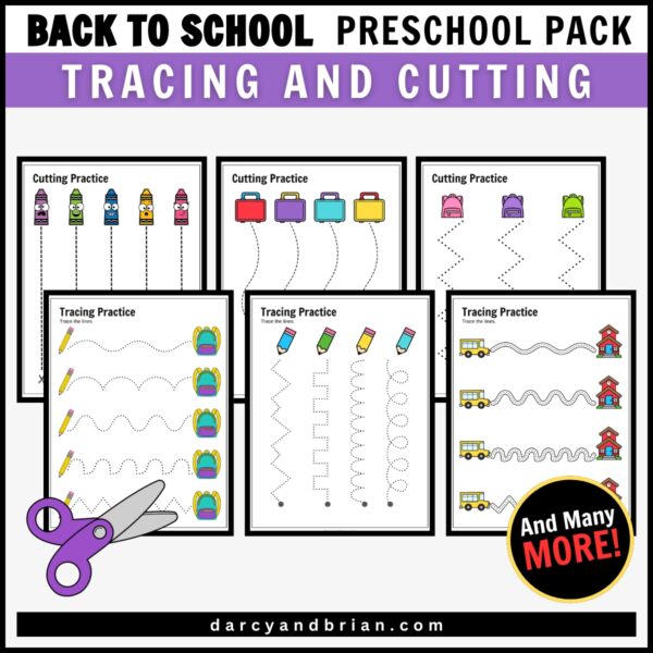 Sample of six tracing and cutting pages with back to school theme for preschoolers.