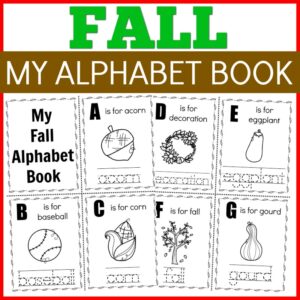 Preview of a few pages in the fall themed alphabet mini book printable. Items such as acorn, and gourd to represent a letter in the alphabet.