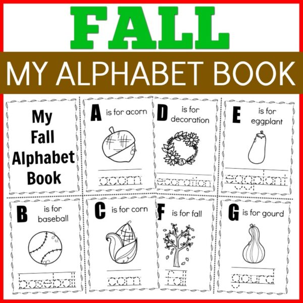 Preview of a few pages in the fall themed alphabet mini book printable. Items such as acorn, and gourd to represent a letter in the alphabet.