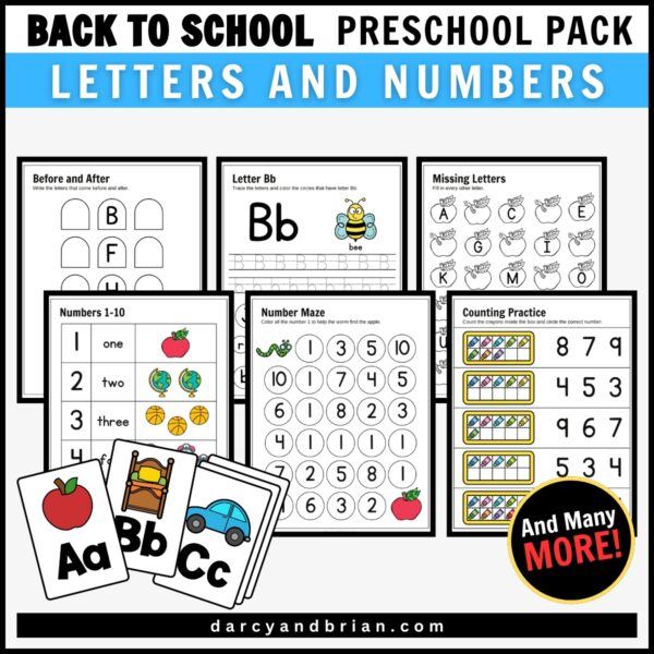 Six worksheets overlapping featuring letter and number activities.