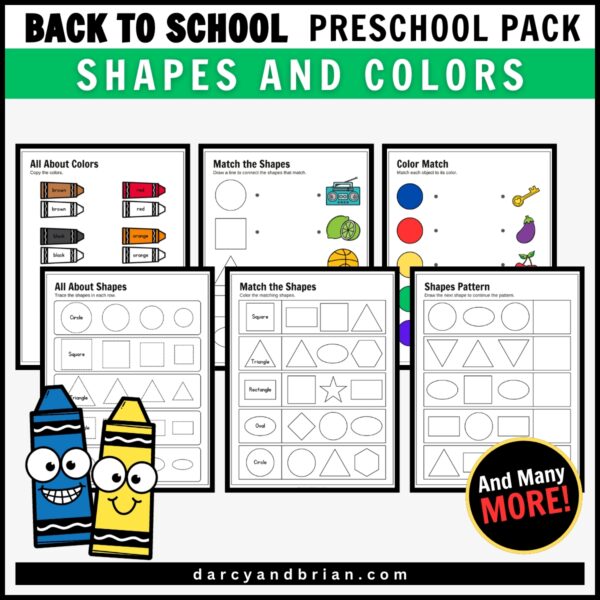 Mockup of back to school colors and shapes activity pages for preschool.