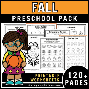 Preview of printable worksheets for preschoolers with fall themed images.