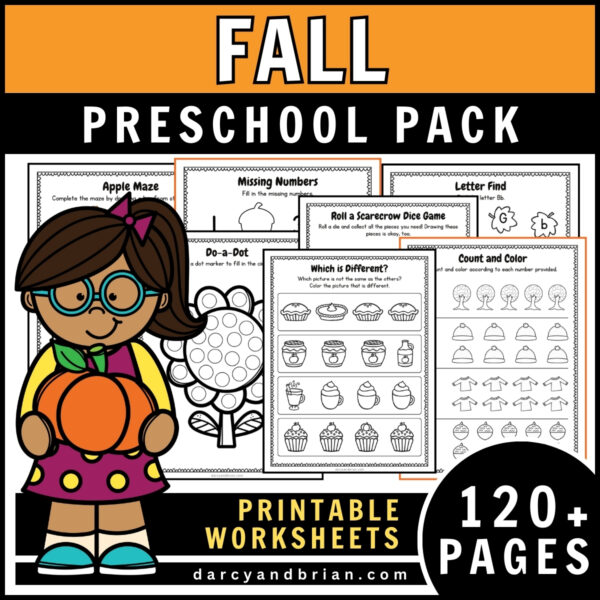 Preview of printable worksheets for preschoolers with fall themed images.