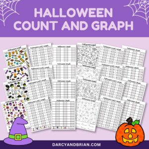 Pink text on purple background along the top says Halloween Count and Graph. Preview of all the worksheet pages overlapping each other on a pink background. Image is decorated with spiderwebs, a jack-o-lantern, and a witch's hat.