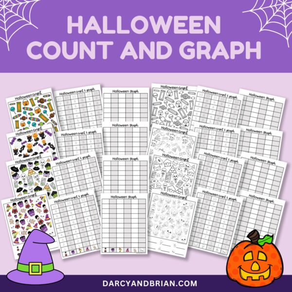 Pink text on purple background along the top says Halloween Count and Graph. Preview of all the worksheet pages overlapping each other on a pink background. Image is decorated with spiderwebs, a jack-o-lantern, and a witch's hat.