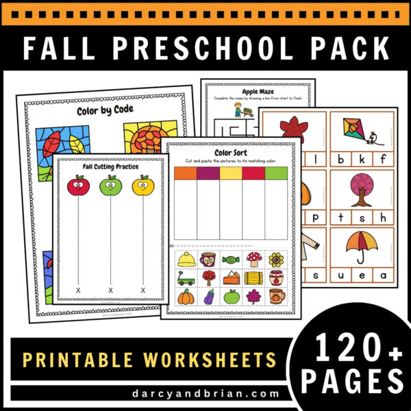 Preview of fall themed cutting pages, color sort, clip cards, and color by code.