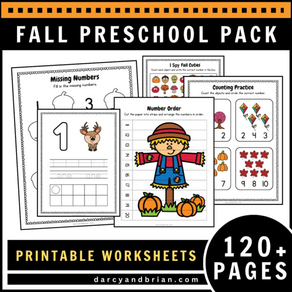 Preview of scarecrow number order puzzle, number tracing pages, counting worksheets.