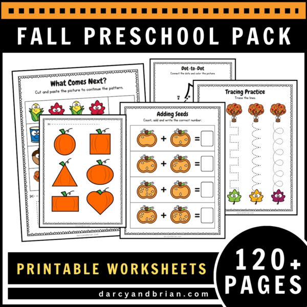 Preview of fall preschool worksheets for counting, shapes, and line tracing.