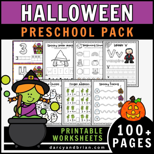 White and orange text on purple and black background along the top says Halloween Preschool Pack. Preview of a variety of activity pages overlapping. Image decorated with a witch stirring a cauldron and a jackolantern.