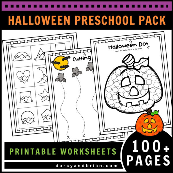 Preview of Halloween-themed shape worksheet, scissors cutting practice, and Jack-o-lantern do a dot page.