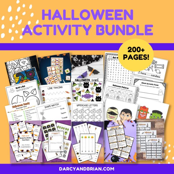 Purple text at the top says Halloween Activity Bundle. There are lots of small preview images of printable worksheets, games, crafts, coloring pages, etc to show what is included. They are overlapping images on an orange background.